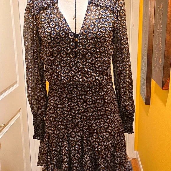 Veronica Beard Elegant Black Patterned Dress Long Sleeve